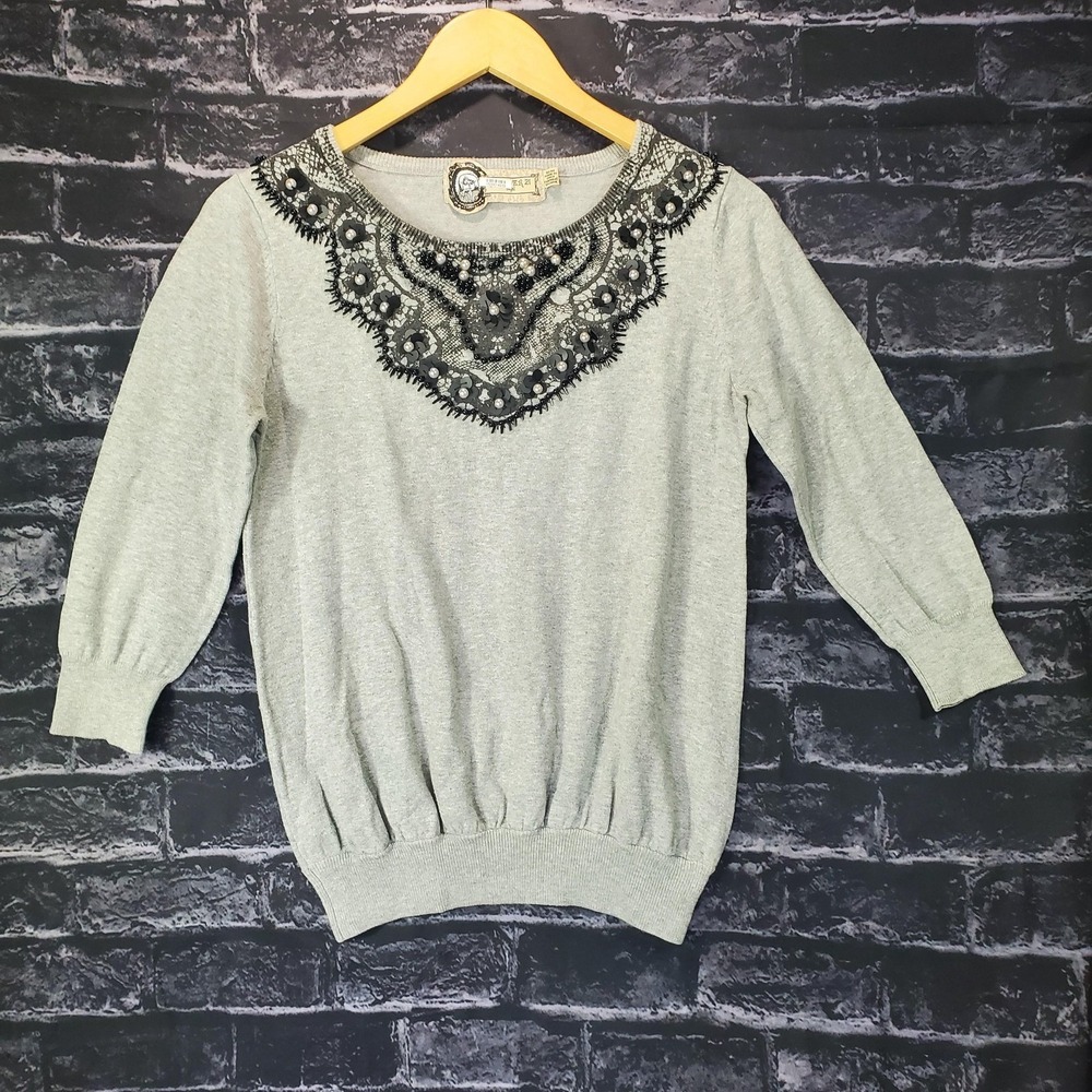 Forever 21‎ Sweater Women Medium Gray Lace Beaded Sequin 3/4 Sleeve Pullover
